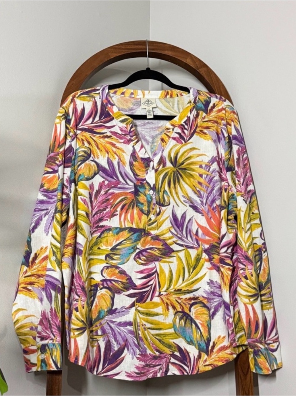 St John's Bay XXL Cotton Linen Palm Print Popover Roll Tab Sleeve Blouse